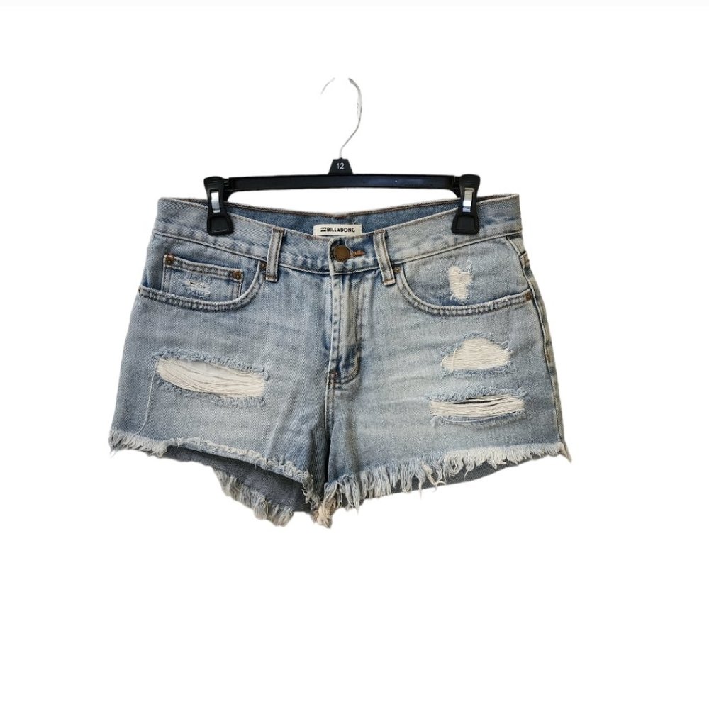 Billabong Light Blue Jean Shorts Size 27 Mid Rise Distressed Raw Hem Beach